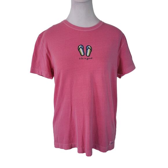 Life Is Good Size M Women's Pink Crewneck T-Shirt Bright Flip Flops Logo - Picture 1 of 10